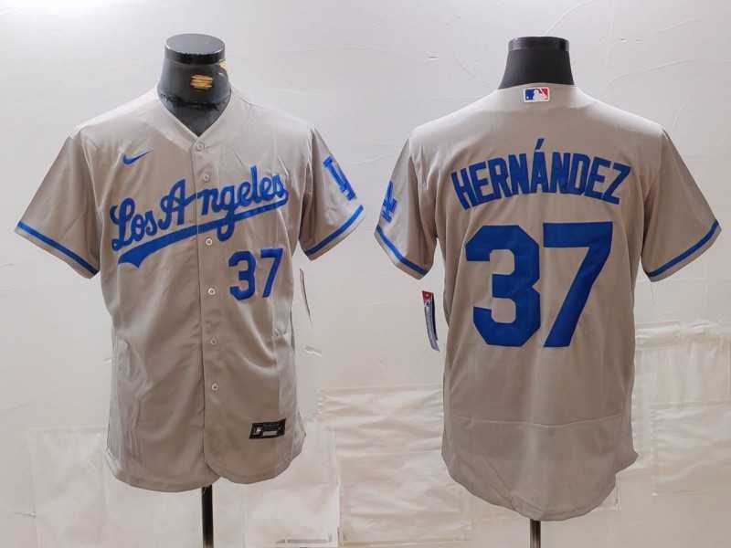 Mens Los Angeles Dodgers #37 Teoscar Hernandez Number Grey With Los Flex Base Stitched Jerseys